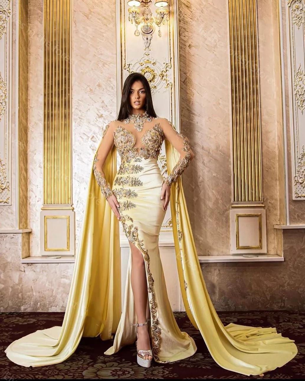 New Year Gold Mermaid Evening Dresses Appliques Beads Prom Gowns with Shawls Long Sleeves Formal Party High Split Event Robe De Soiree