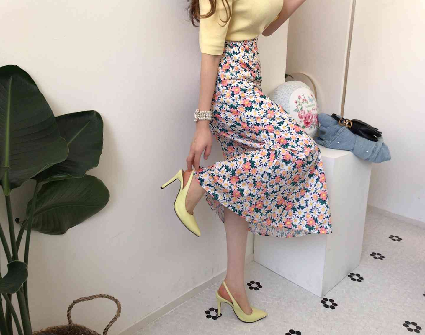 Fashion 2 Piece Set summer Women Knitted O Neck Puff Sleeve T Shirts + High Waist Floral Print Long Skirt 210519
