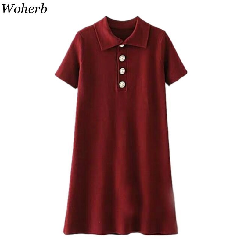 Knitted Single-breasted Shirt Vestidos Short Sleeve Summer Stretch Sexy Woman Dresses Office Lady Vintage Femme Robe 210519