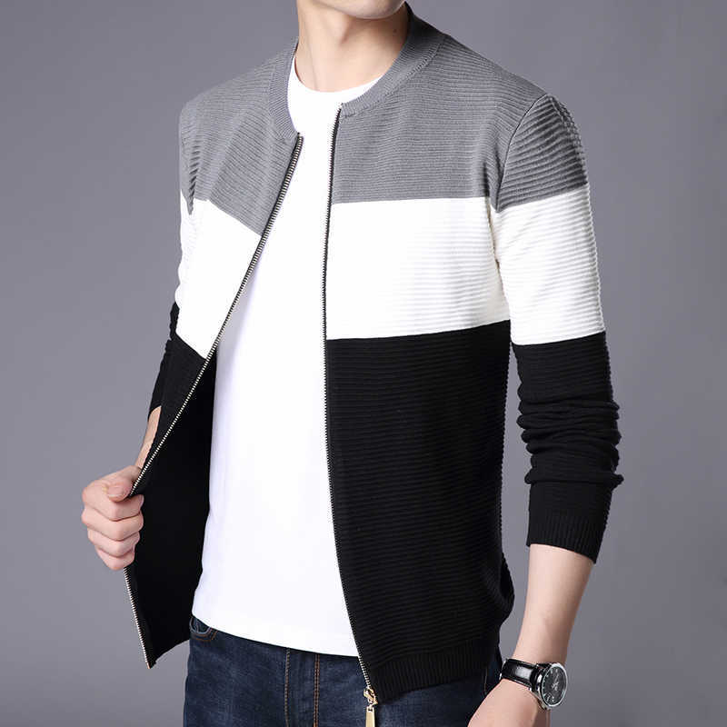 BROWON Autumn Men Casual Cardigan Sweater Jumper Winter Fashion Striped Pockets Knit Outwear Coat 211008
