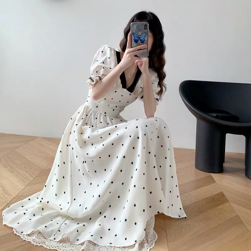 vintage retro polka dot v-neck puff sleeve white dress women summer party patchwork lace high waist ruched midi dresses 210421