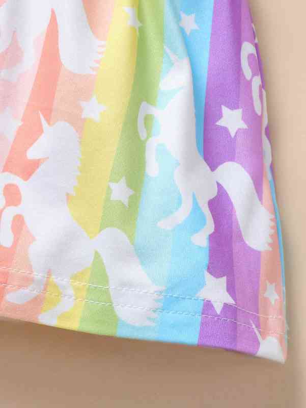 Baby Rainbow Striped Unicorn Print Ruffle Sleeve Dress With Headband SHE