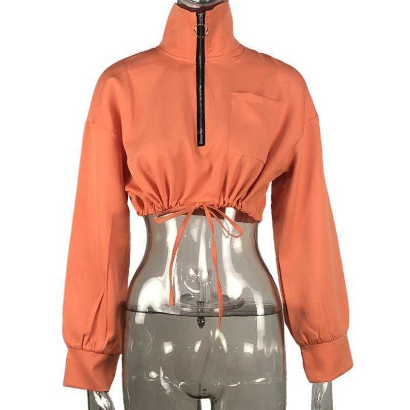 Women Coat Stand Collar Long Sleeve Jacket Drawstring Short Ladies Jackets High Waist Tops Autumn Winter 210524