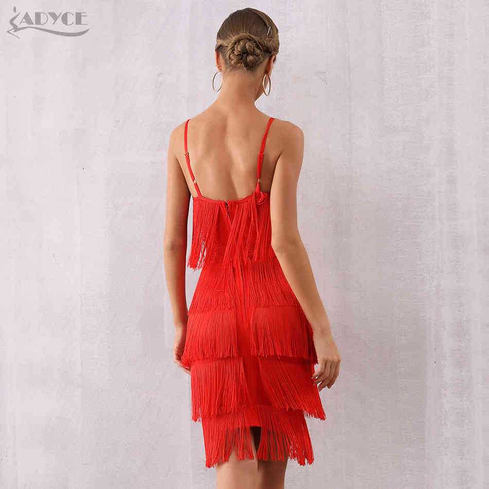 Summer Women Bandage Dress Sexy V Neck Tassels Fringe Red Club Vestidos Elegant Midi Celebrity Party 210423