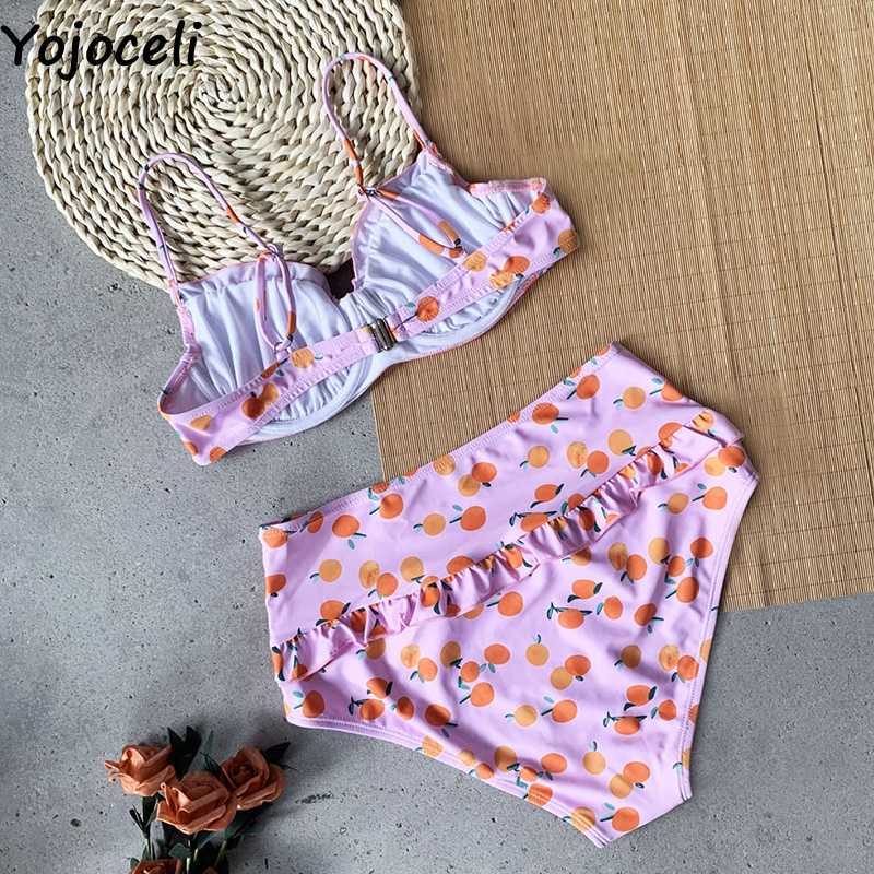 Yojoceli Ruffle cherry print sexy swimwear suit girl Summer beach bikini girls Cool elegant women tankini 210609