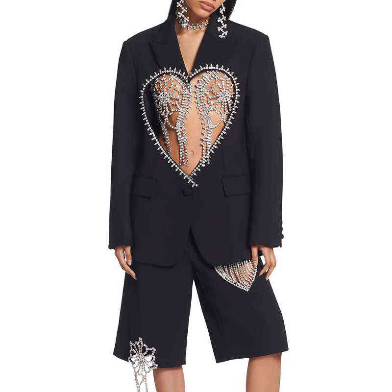 VGH Black Casual Patchwork Diamonds Female Blazers Notched Long Sleeve Korean Fashion Cut Out Loose Jackets Autumn Clothing 211122