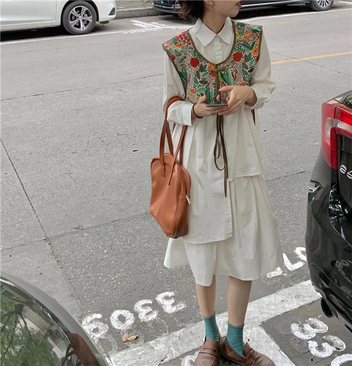 Floral Vest Tops + White Puff Long Sleeve Lapel Irregular Shirts Dress Women Summer Korean Fashion Chic Casual Sets 210429