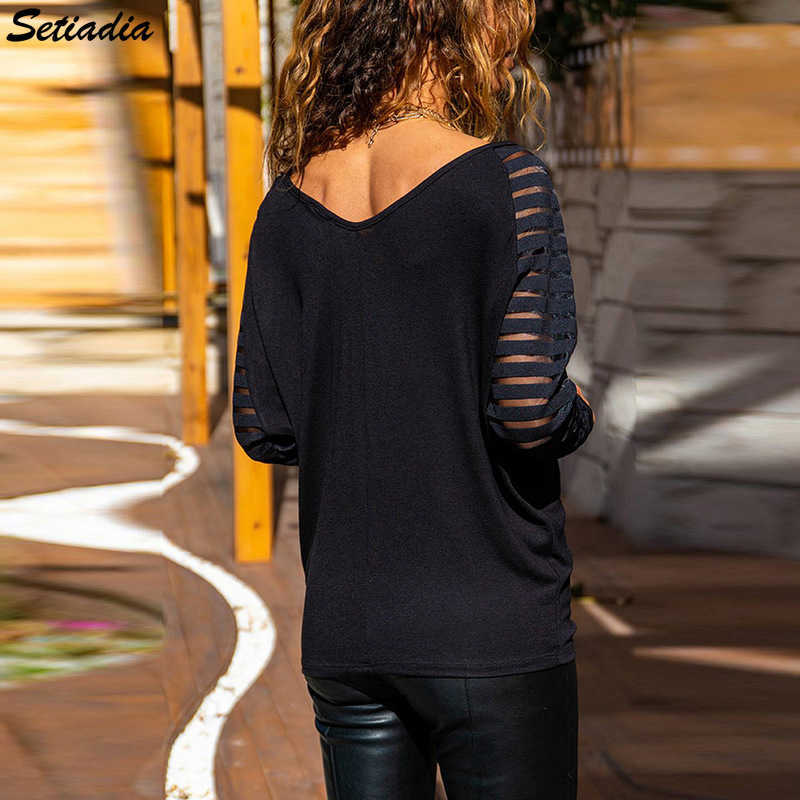 Autumn Woman Tshirts Large Size Solid Color V-Neck Hollow Stripes Long Sleeve Loose Aesthetic Women's Fall Clothing 210819