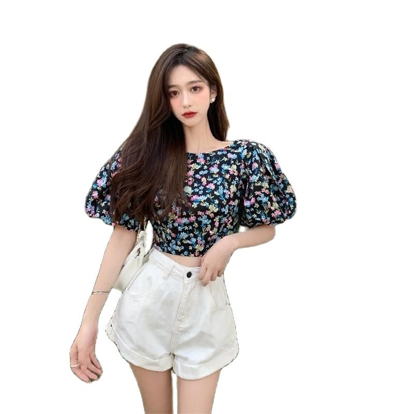 Retro puff sleeve short navel print shirt women's fashion all-match summer clothing 210520, Black
Retro puff sleeve short navel print shirt women's fashion all-match summer clothing 210520, Black
