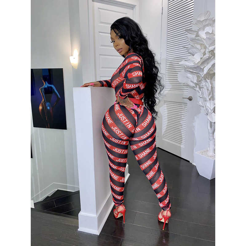 ANJAMANOR Letter Print Striped Mesh Sheer Sexy Two Piece Matching Sets Women Club Outfits Long Sleeve Bodysuit Leggings D37-AD15 T200810