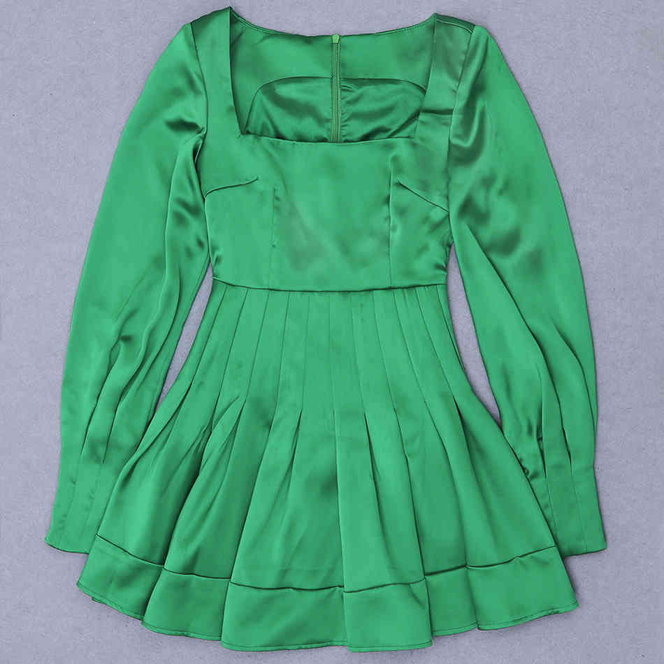 Free Chic Women's Green Mini Dress Sexy Square Neck Puff Sleeve Bodycon Draped A-line Club Party Vestido 210524
