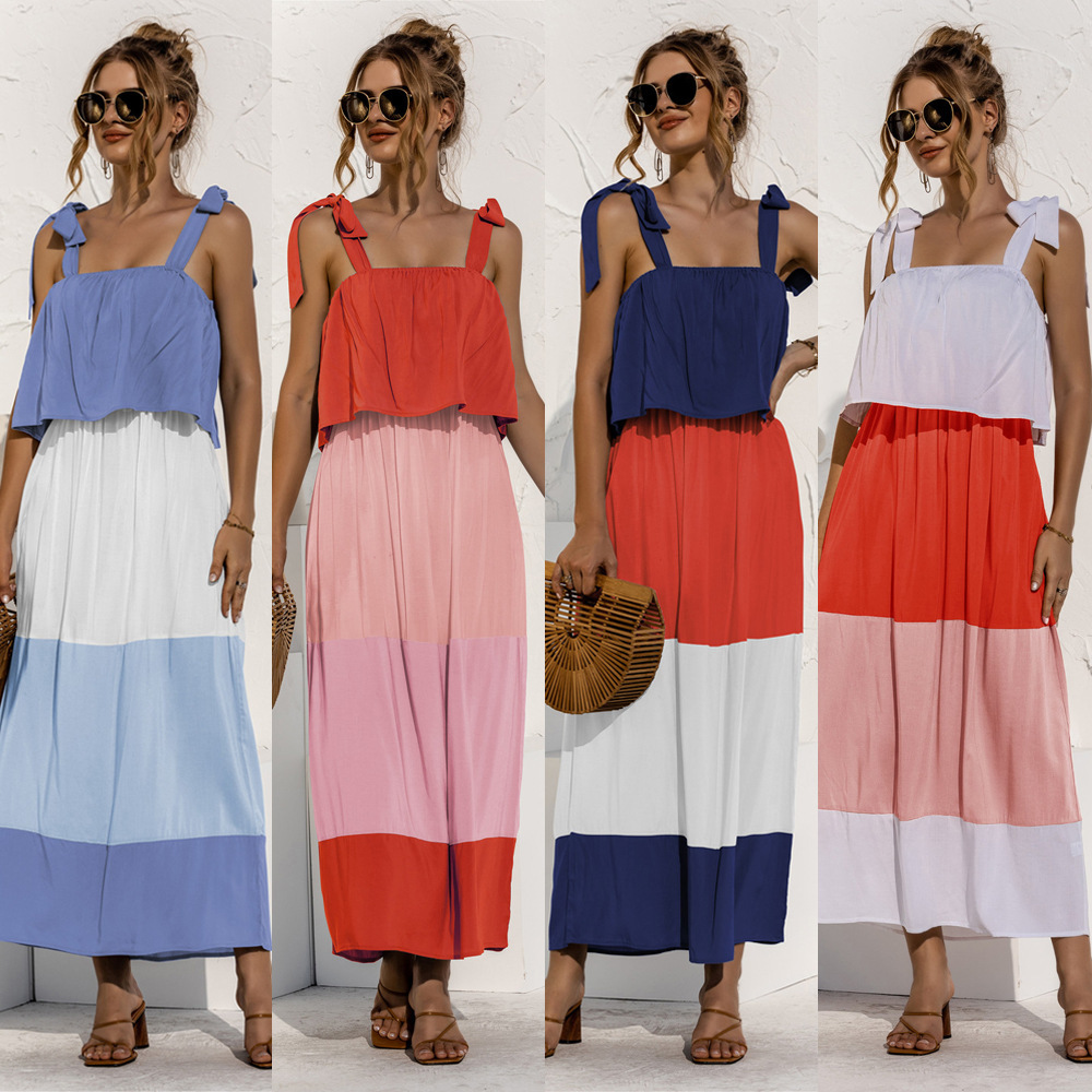 Bohe long dress Summer A-Line Spaghetti Strap Patchwork Ruffled Casual Women's Ankle-length Dress holidays beach 210524