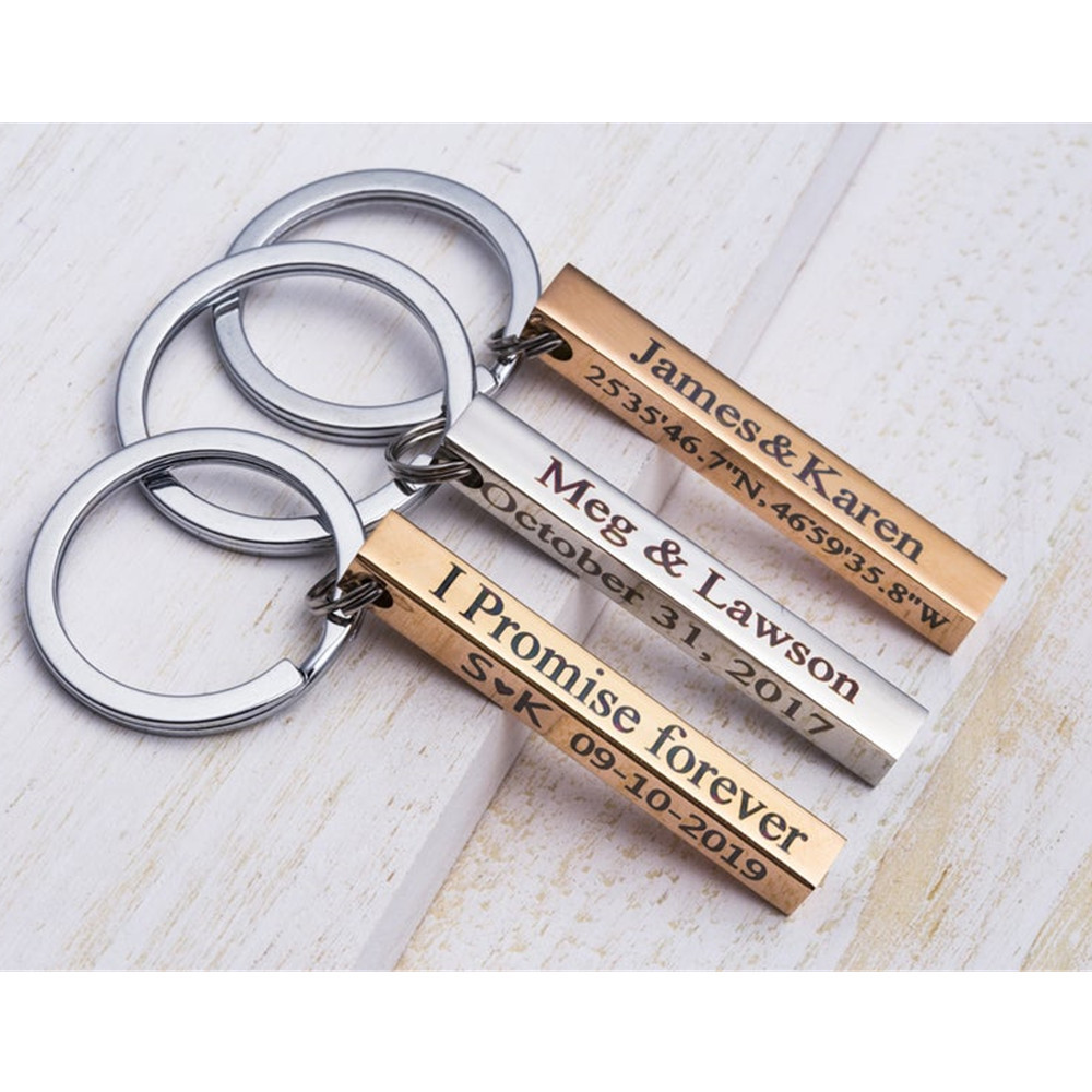 Custom Name Date Keychain Personalized Laser Engrave 4 Sides Stainless Steel Bar for Women Men Jewelry Gift