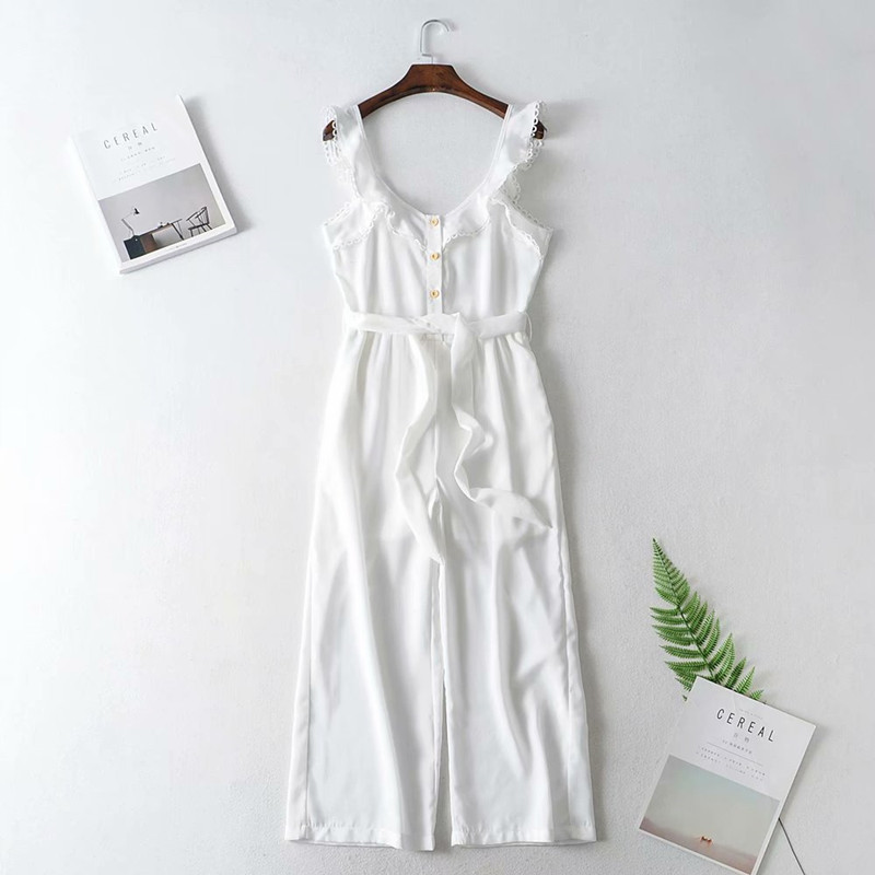 Sweet Women White V Neck Ruffles Jumpsuits Summer Fashion Ladies Sashes Rompers Female Beach Holiday 210515