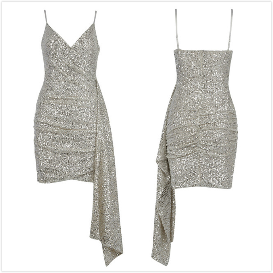 Free High Quality Women Sequined Dress Sexy V-neck Spaghetti Strap Bodycon Draped Club Party Mini 210524