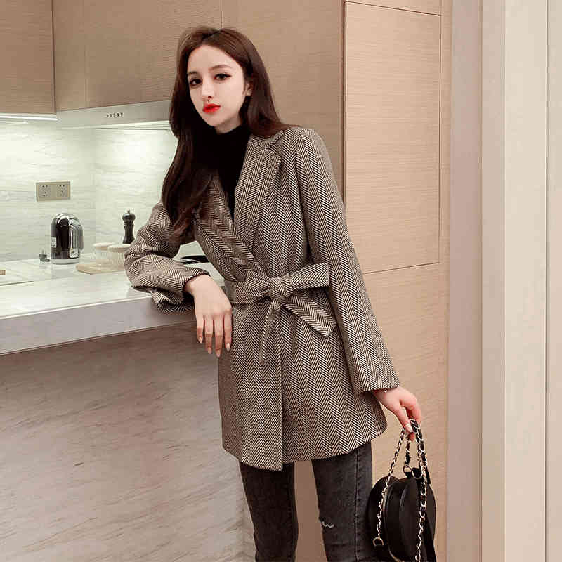 Winter Korean Clothes Loose Coat Woman England Woolen Slim Suit Jacke Twith Bow Sashes Female Blazer Women Feminino Tweed 210515