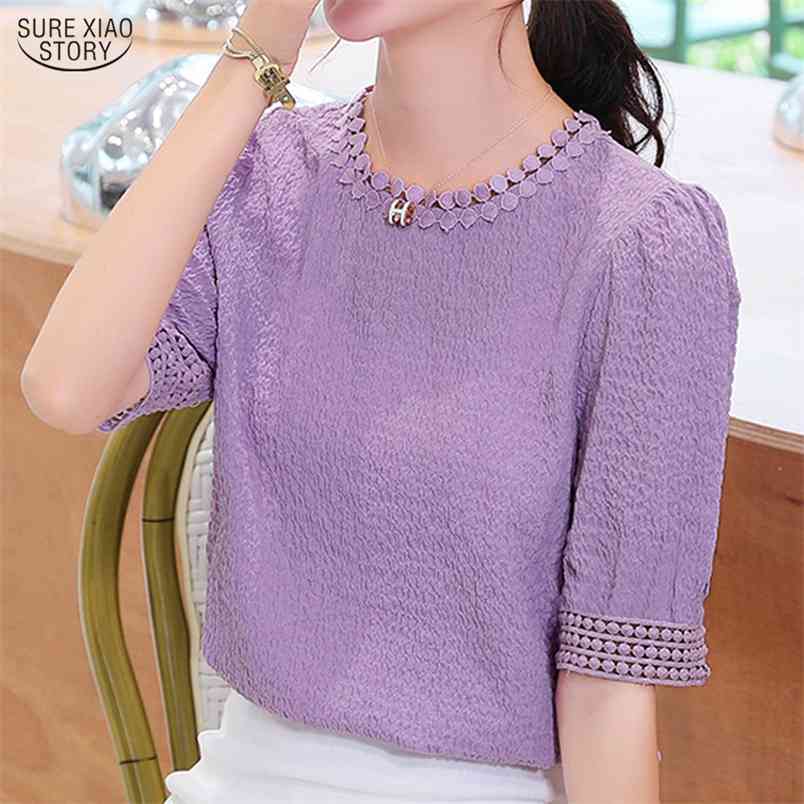 Casual O Neck Plus Size Women Blouse Summer Pleated Apricot Purple Tops Blusas Mujer Short Sleeve Chiffon Shirt 10205 210506