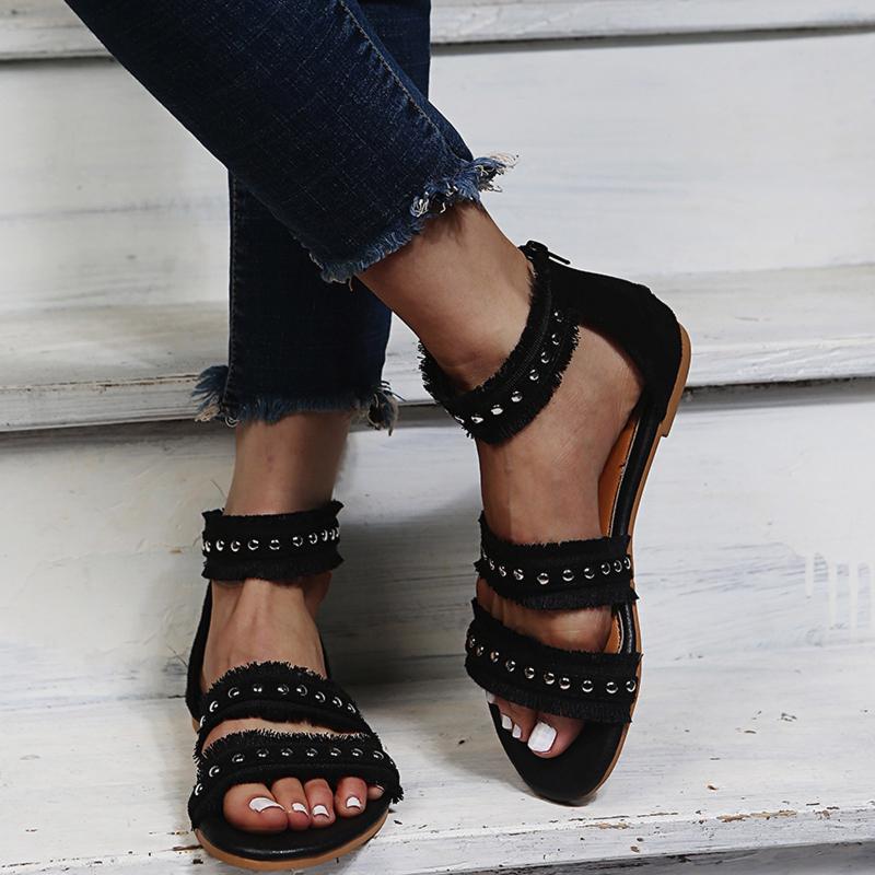 Sandals Women's Ladies Fashion Summer Flock Hollow Zipper Beach Open Toe Breathable Comfortable Shoes Plus Size 43