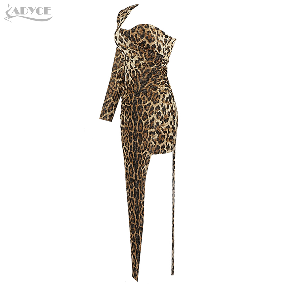 Winter Fashion One Shoulder Leopard Long Sleeve Dress Sexy Women Night Club Celebrity Evening Runway Party 210423