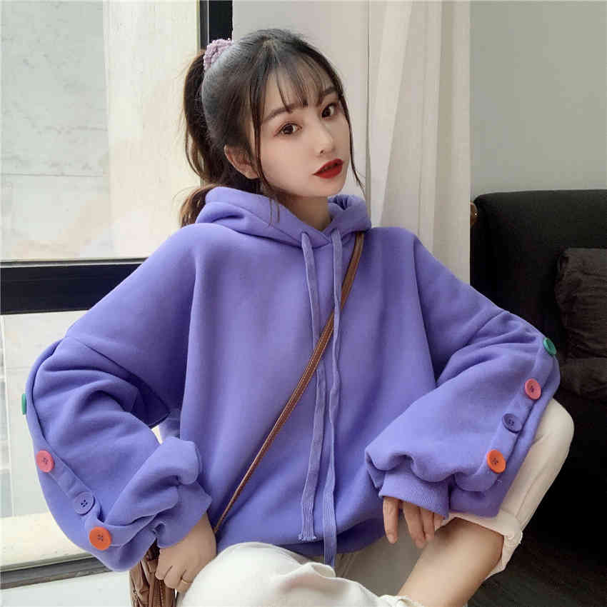 Nomikuma Autumn Winter Plus Velet Pullover Hooded Sweatshirt Causal Colourful Buttons Long Sleeve Hoodies Korean Jumper 6C639 210427