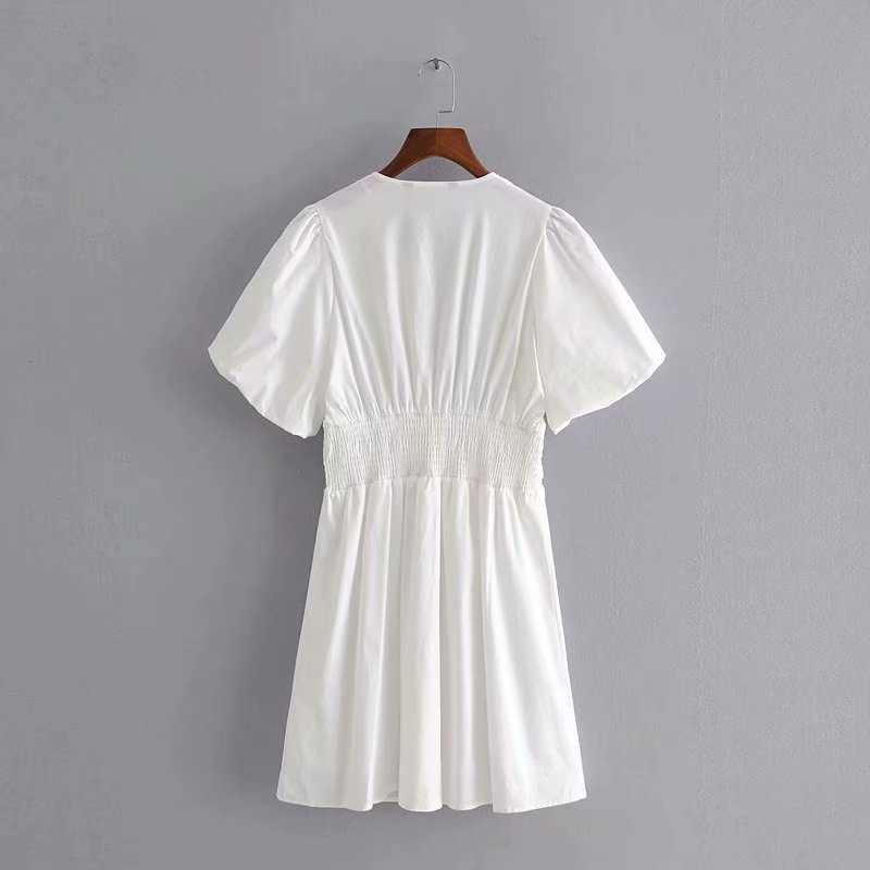 Summer Women Dress V-neck Puff Sleeves Elastic Waist elegant Casual Fashion Chic Lady Woman Pleated Short Dress 210709