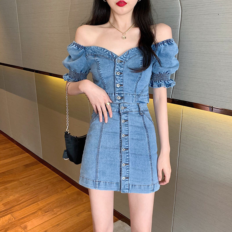 Korean Summer Women 2 Piece Set Denim Sexy Slash Neck Short Sleeve Buttons Crop Top + Mini Skirts Suit Female 210519