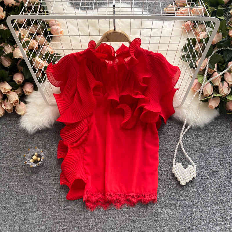 Summer Ruffle Pleated Blouse Women Casual Stand Collar Shirt Chic Elegant Solid Color Top Fashion Blusas 210519