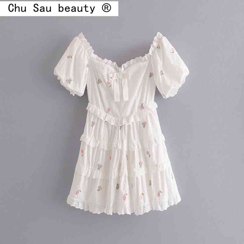 Chu Sau beauty Women Summer Dress Female Vintage Wild Word Shoulder Slim Waist Down Embroidery Flower Layer Cake Dresses Woman 210508