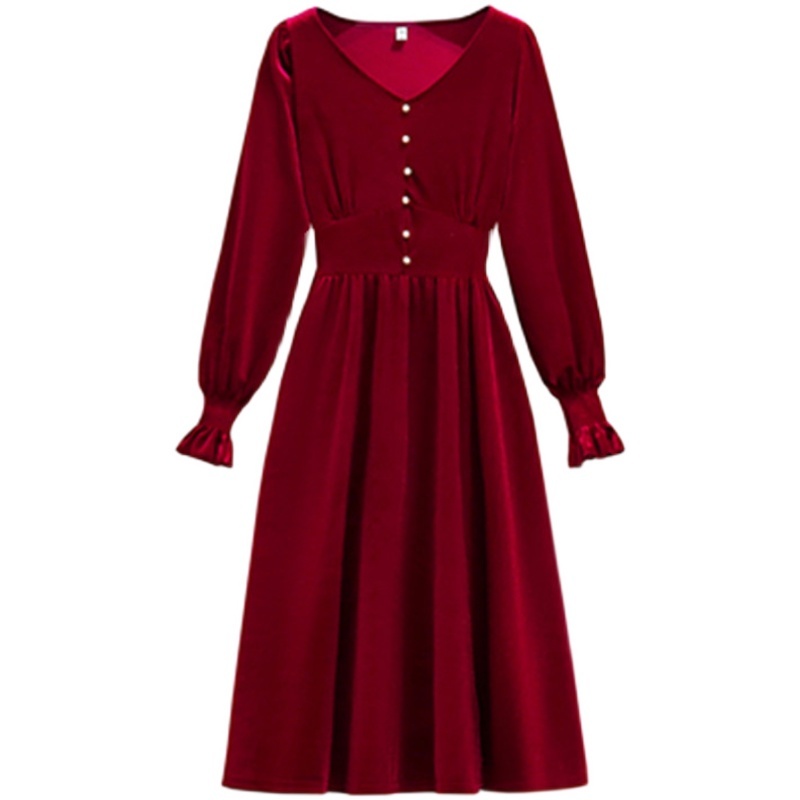 Spring Retro Dress For Women Red Velvet V-Neck Long Sleeve High Waist Sexy Party Dresses Female Vestidos 210519