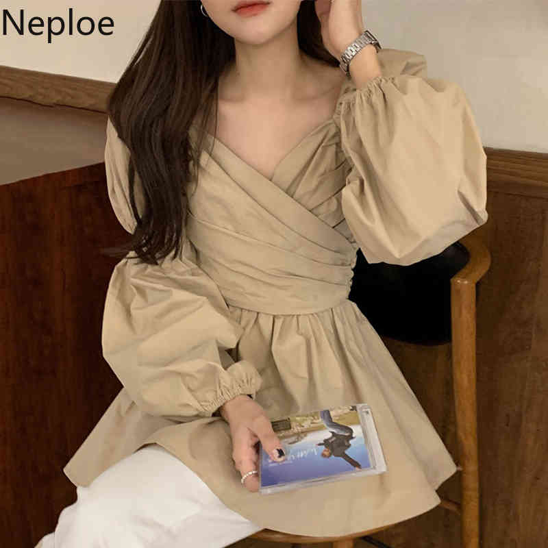 Neploe Chic Vintage Blouses Women V-neck Cross Pleated Shirt Slim Waist Sweet Puff Sleeve Blousse Tops Korean Elegant Blusas 210422