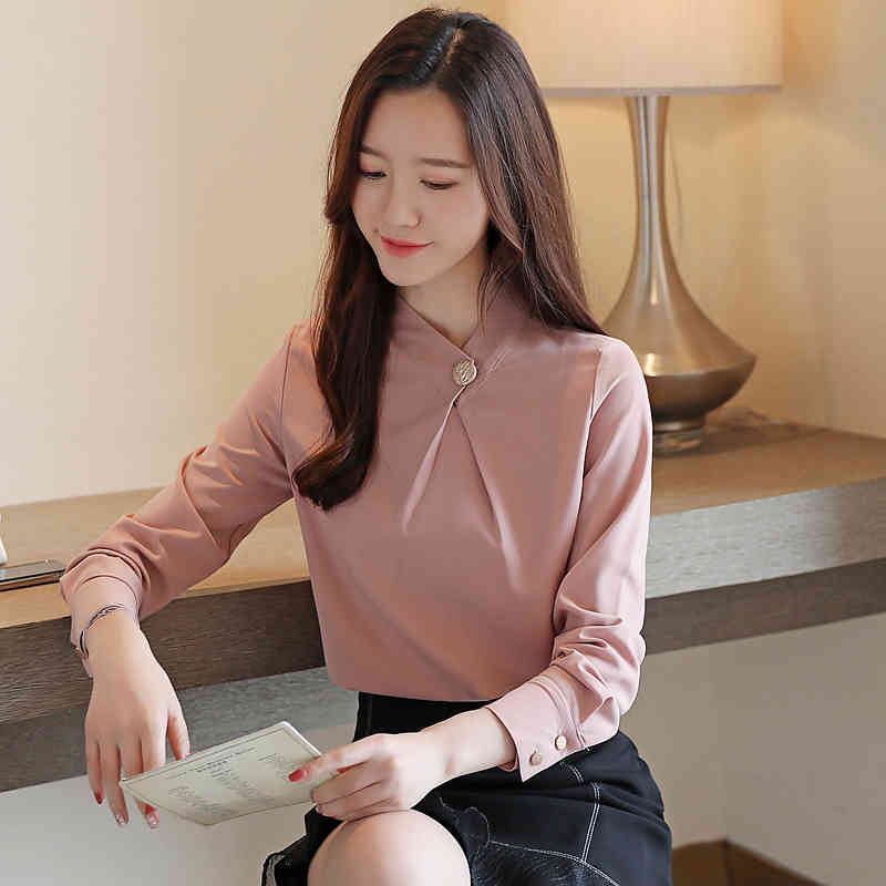 Spring Long Sleeve Stand Collar Elegant Chiffon Blouse White Women Solid Color Loose Slim Lady's Shirt 9041 50 210427