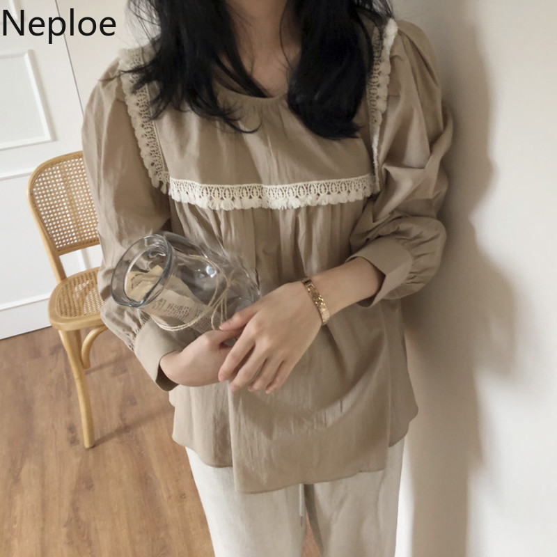 Neploe Korean Chic Blouse Women Lace Patchwork Shirt Female O-neck Lantern Sleeve Blouses Tops Blusas Mujer De Moda 4F991 210422