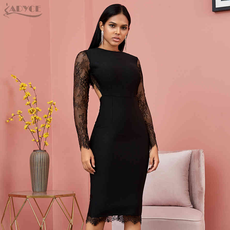Summer Lace Long Sleeve Bandage Dress Women Sexy Hollow Out Black Club Midi Celebrity Evening Party Vestido 210423