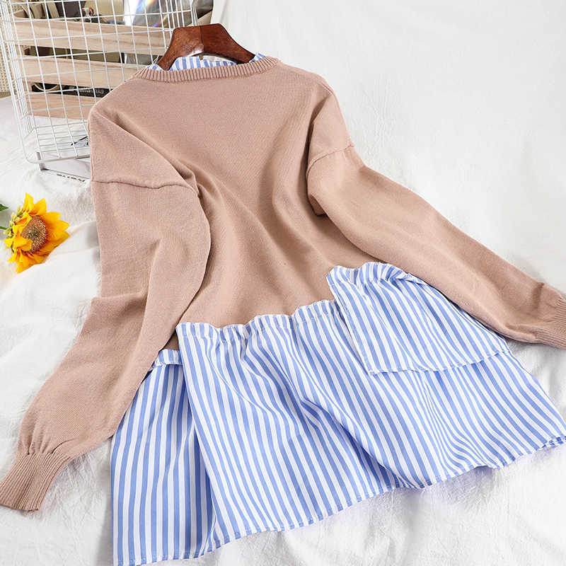 Striped Patchwork Women Pullover Sweater Causal Sweet Ruffle Knitted Tops Korean Long Sleeve Pull Femme 6E466 210603