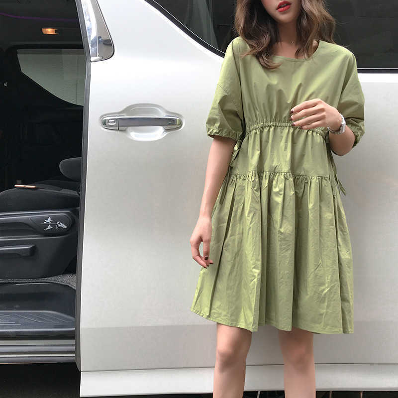 Summer Sweet Fresh Silm Waist Bandage Cute O-neck Folds Dresses for Women Fashion Office Lady Vestidos Female 210525