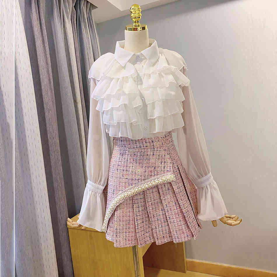 Free Elegant Tweed Three-piece Beaded Women's Set Cardigan Jacket & Ruffled Shirt A-line Skirt Party Autumn 210524