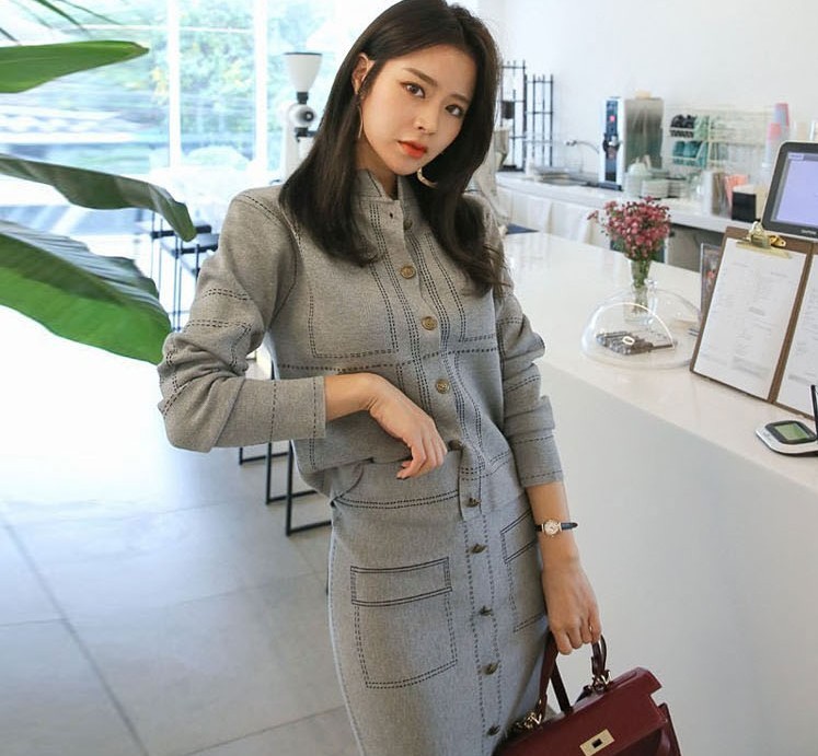 Autumn Women Elegant 2 Piece Set Office OL Single Breasted Knitting sweater Coats+pencil Midi Skirts Suits For women 210519