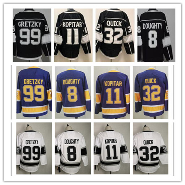 Mens Reverse Retro Ice Hockey 11 Anze Kopitar Jersey 8 Drew Doughty Jersey 32 Jonathan Quick 99 Wayne Gretzky Blank White Black Purple