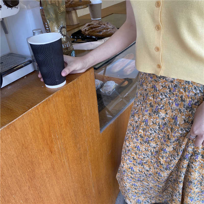 Spring Vintage Floral Print Ruffle Pleated Long Skirt Korean Streetwear Drawstring Elastic Waist Midi 210621