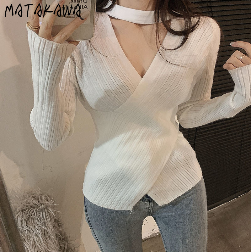 MATAKAWA Bottoming Top Korean Style Solid Woman Sweaters V-neck Halter Slim Knit Sweater Women 210513