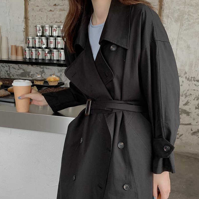 Sister Fara Spring Elegant Single Breasted Trench Women Loose Overcoat Turn-down Collar Casual Long Windbreaker Female 210914