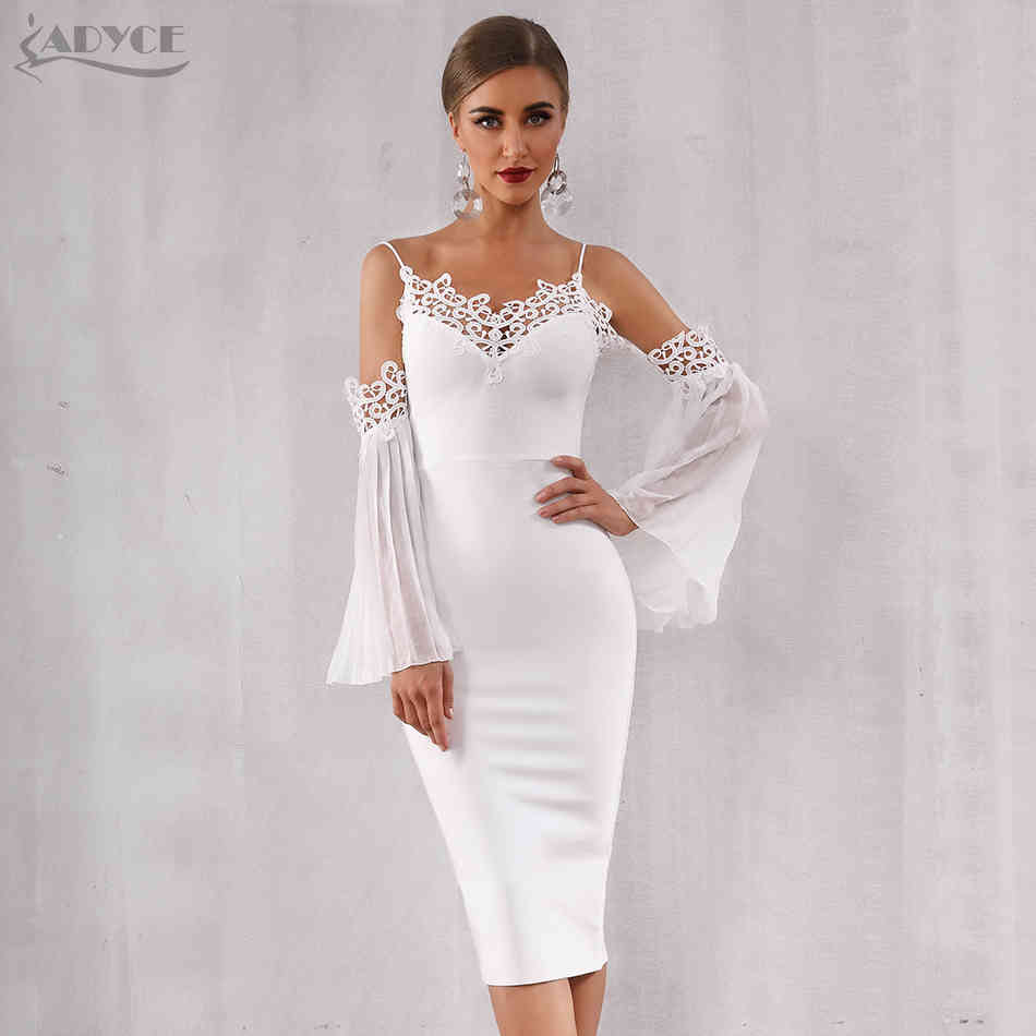 Autumn Women Bandage Dress Sexy Flare Sleeve White Lace Midi Vestidos Elegant Celebrity Evening Party 210423