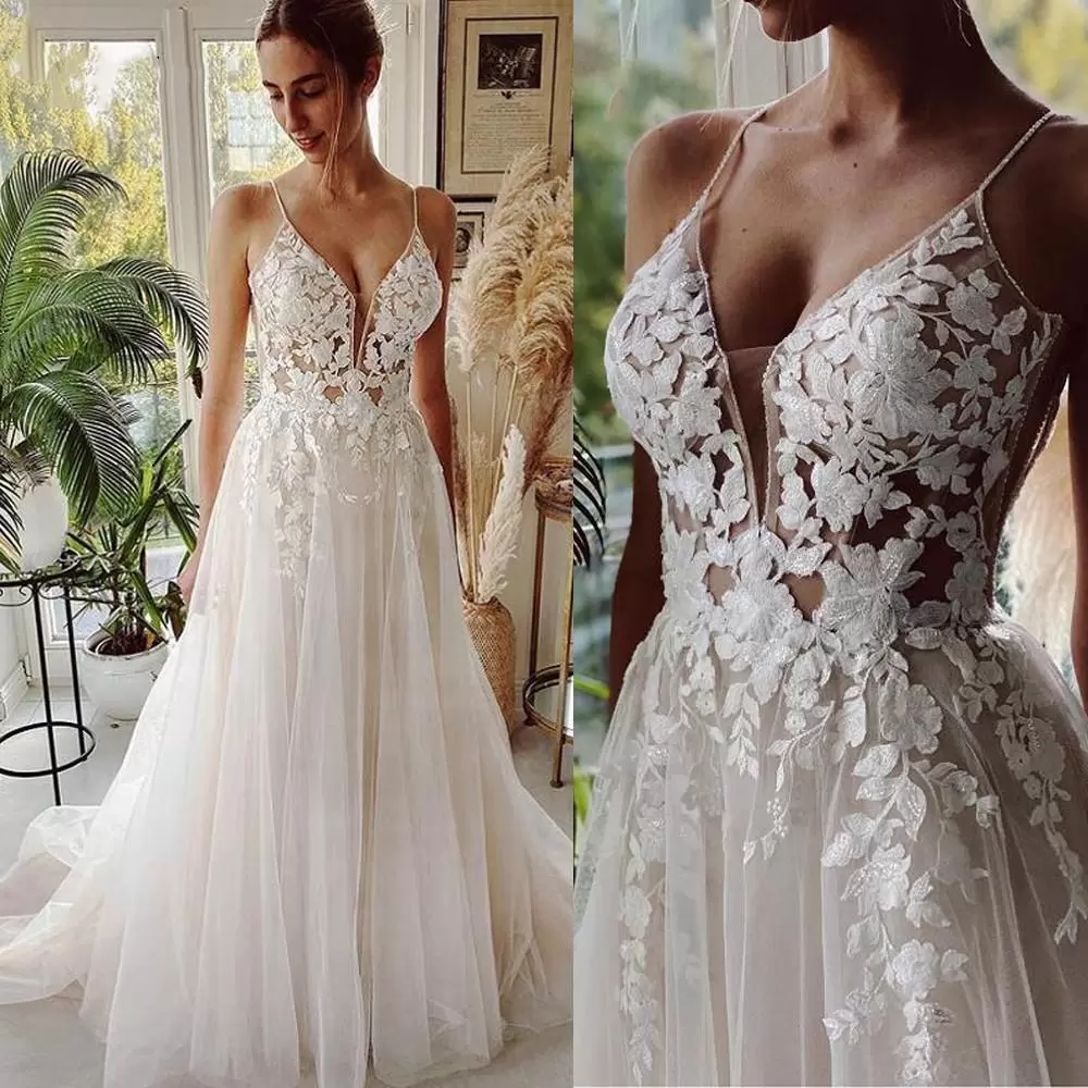 Gorgeous Dresses Boho Wedding Bridal Gown Spaghetti Straps A E Sweep Train Tulle Lace Applique Country Sexy Backless Beach Custom Made Vestidos De Nov