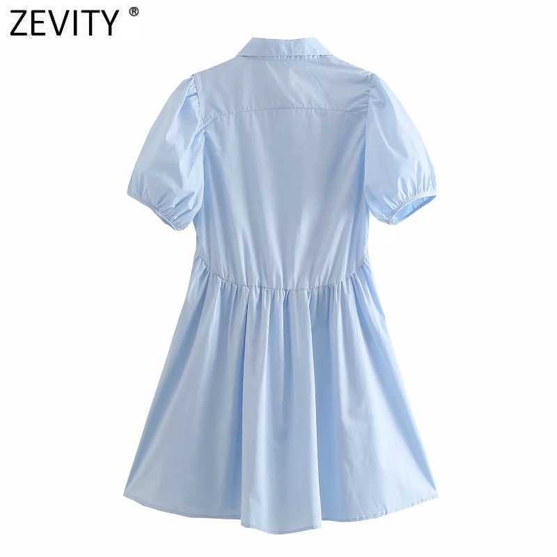 Zevity Women Sweet Solid Color Pleats Poplin Mini Dress Chic Lantern Sleeve Casual Vestidos Female Leisure A Line Dresses DS8296 210603