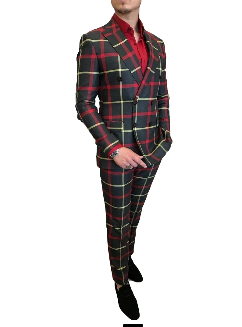Newest One Button Damier Check Groom Tuxedos Red Shawl Lapel Slim Fit Mens Wedding Suits Formal Party Prom Suit Custom Made(Jacket+Pants)