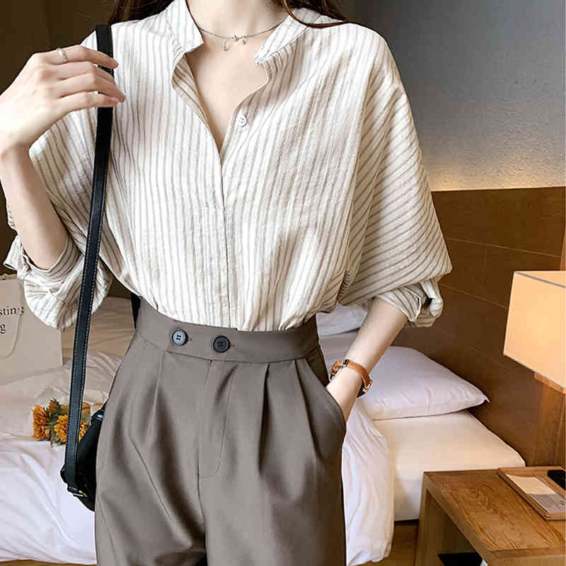 Fashion Striped Shirt Women Summer Long Sleeve Office Lady Thin Sunscreen s and Blouses Tops 11391 210506