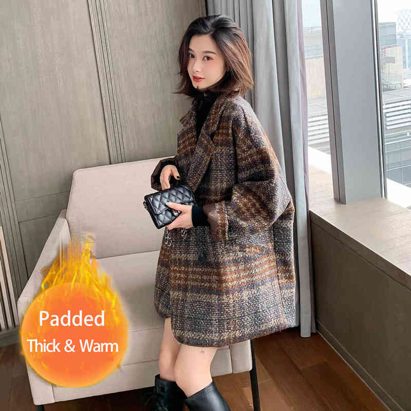 Wonder Winter Korean Overcoat Vintage Woolen Loose Coats female Double Breasted Turn-down Collar 210510