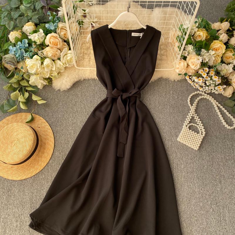 Work Fashion Solid Sleeveless Dress Women V Neck Sashes OL Vestidos Spring Summer Dresses Bow 210521