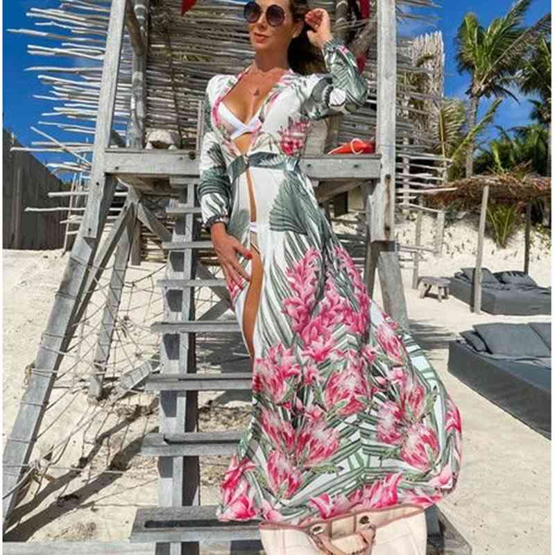 Women Dress Printed Bohemia es Sexy Long Print Floral Maxi Deep V Neck Sleeve Plus Size es 210513