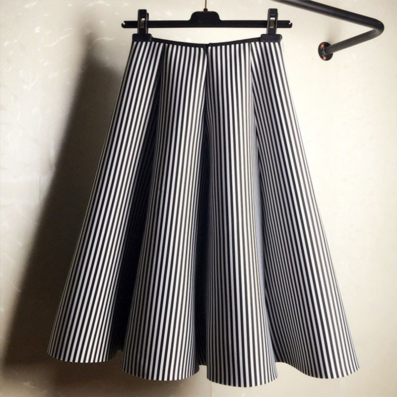 Arrival Spring Autumn Korea Fashion Women High Waist Striped A-line Skirts Quality Space Cotton Casual Long Skirt V198 210512